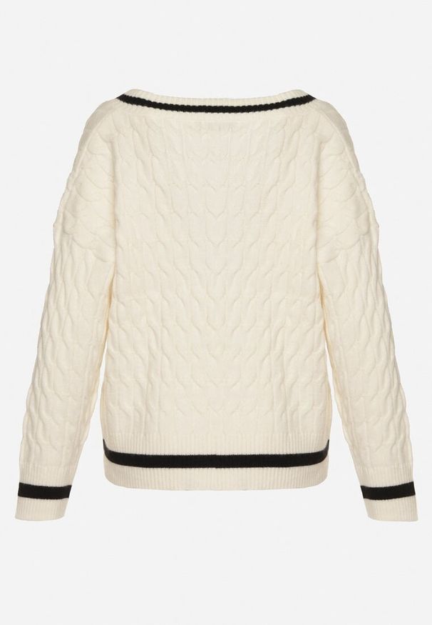 Born2be - Jasnobeżowy Sweter Preppy z Domieszką Kaszmiru Zdobiony Strukturalnym Splotem Lorentie. Okazja: do pracy, na co dzień, na spotkanie biznesowe. Typ kołnierza: dekolt w serek. Kolor: beżowy. Materiał: kaszmir. Wzór: aplikacja, ze splotem. Styl: klasyczny, casual, elegancki, biznesowy