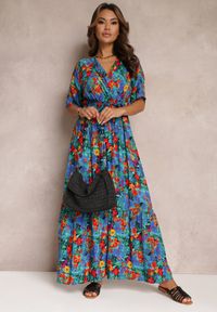 Renee - Niebiesko-Zielona Sukienka z Wiskozy Lylian. Kolor: niebieski. Materiał: wiskoza. Wzór: aplikacja, kwiaty. Sezon: lato. Typ sukienki: kopertowe. Styl: retro, elegancki. Długość: maxi
