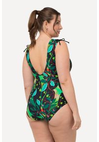 ULLA POPKEN - Damski Strój kąpielowy liście marszczone ramiona miękkie miseczki. Kolekcja: plus size. Kolor: czarny. Materiał: elastan, poliamid, materiał
