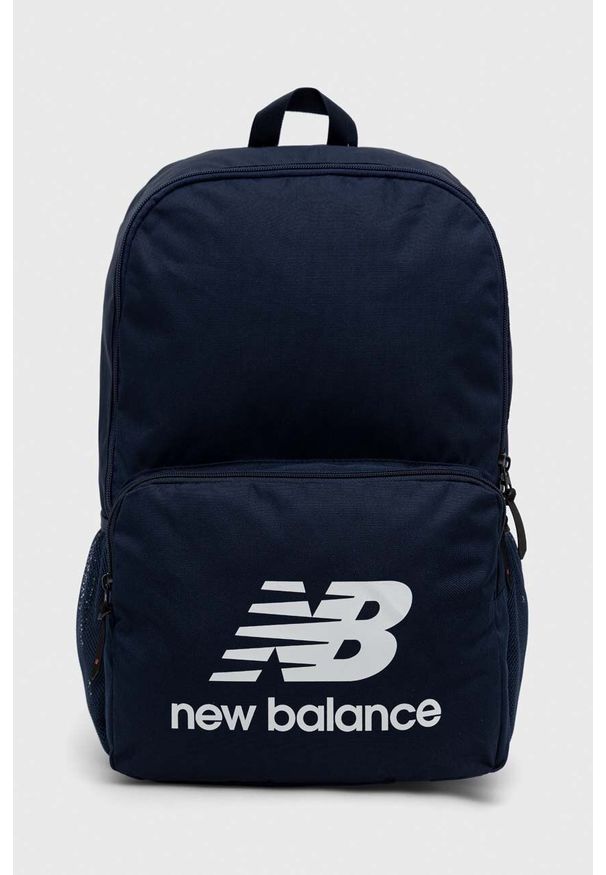 New Balance plecak kolor granatowy duży z nadrukiem. Kolor: niebieski. Wzór: nadruk