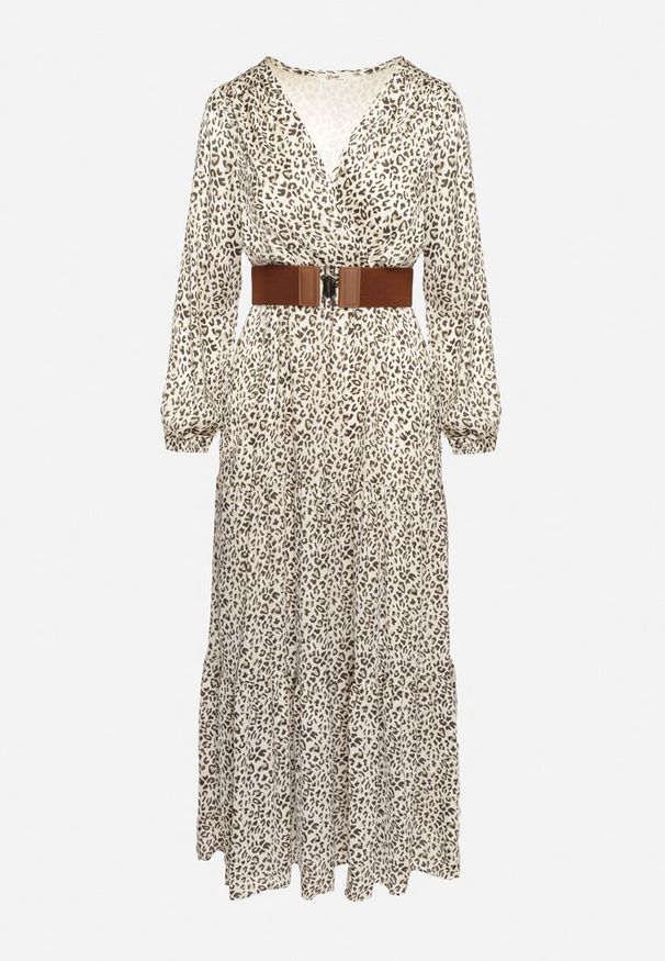 Born2be - Beżowo-Zielona Panterkowa Rozkloszowana Sukienka z Kopertowym Dekoltem i Paskiem z Klamrą Rinathria. Okazja: na co dzień. Typ kołnierza: dekolt kopertowy. Kolor: beżowy. Długość rękawa: długi rękaw. Typ sukienki: kopertowe. Styl: casual