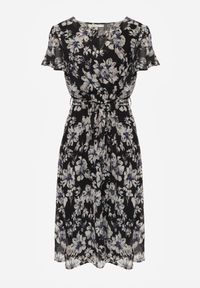 Born2be - Czarna Kopertowa Sukienka w Kwiaty z Wiązanym Paskiem i Brokatem Hilingea. Okazja: na imprezę, do pracy, na co dzień. Kolor: czarny. Wzór: kwiaty. Typ sukienki: kopertowe. Styl: casual, elegancki. Długość: midi #2