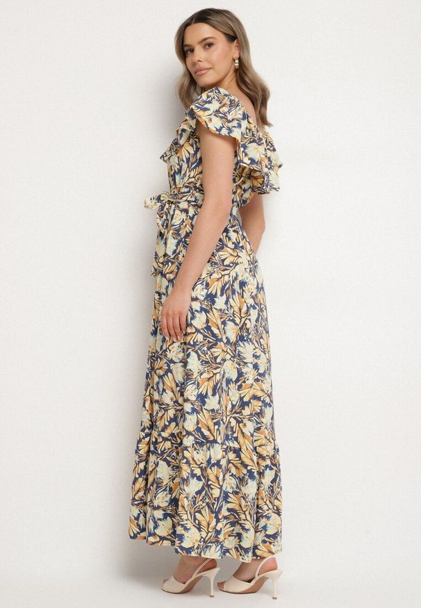 Born2be - Granatowa Sukienka Hiszpanka z Bawełną w Kwiaty Mreova. Okazja: na co dzień. Typ kołnierza: dekolt hiszpanka. Kolor: niebieski. Materiał: bawełna. Wzór: kwiaty. Styl: elegancki, casual, klasyczny