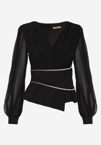 Renee - Czarna Bluzka VICES w Kopertowym Stylu z Luźnymi Transparentnymi Rękawami i Dekoltem V Inge. Okazja: na co dzień, na komunię. Kolor: czarny. Materiał: jeans. Styl: casual, elegancki #5