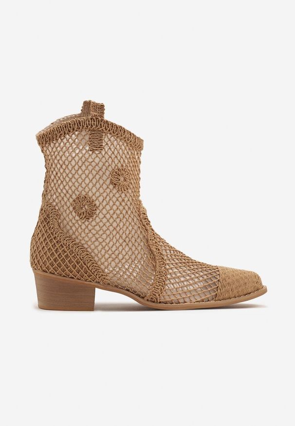Born2be - Ciemnobeżowe Ażurowe Botki w Stylu Kowbojek na Stożku ze Skórzaną Wkładką Xalozi. Okazja: na co dzień. Kolor: beżowy. Materiał: skóra. Wzór: ażurowy. Sezon: wiosna, lato. Obcas: na stożku. Styl: casual, elegancki