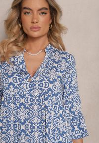 Renee - Niebieska Rozkloszowna Sukienka z Bawełny w Ornamentalny Wzór z Falbaną Lanariella. Typ kołnierza: kołnierz z falbankami. Kolor: niebieski. Materiał: bawełna. Typ sukienki: rozkloszowane #3