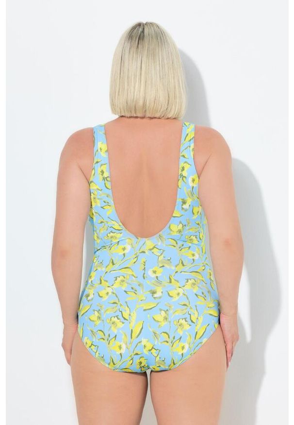 ULLA POPKEN - Damski Strój kąpielowy kwiaty miękkie miseczki ozdobne tasiemki. Kolekcja: plus size. Kolor: niebieski. Materiał: poliester, elastan, poliamid, materiał. Wzór: kwiaty