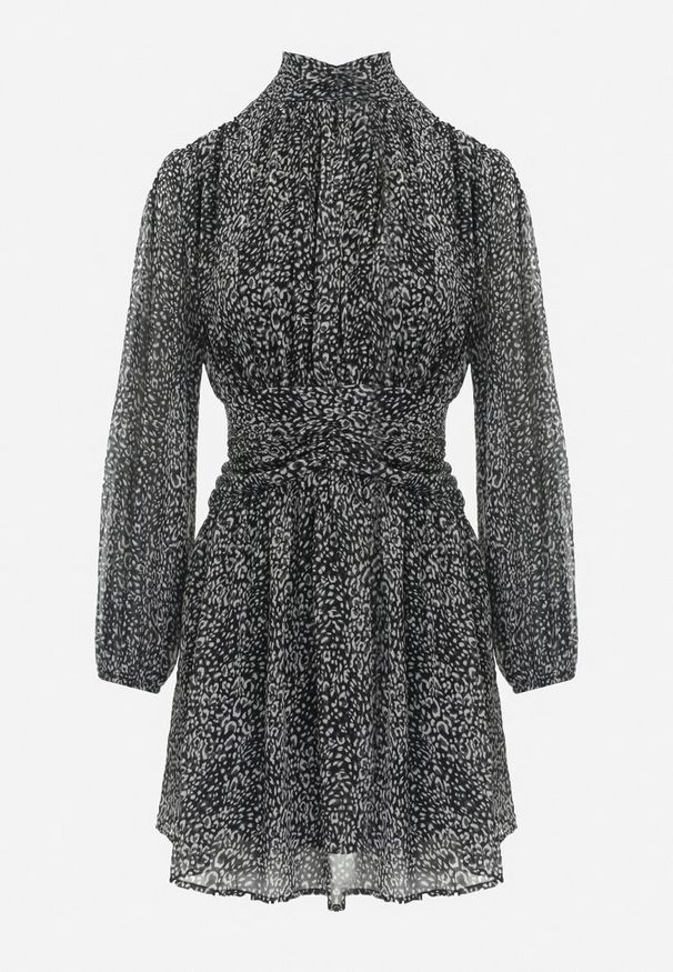 Born2be - Czarna Mini Rozkloszowana Sukienka ze Stójką w Drobny Print Lailave. Typ kołnierza: kołnierzyk stójkowy. Kolor: czarny. Wzór: nadruk. Długość: mini