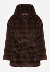 Born2be - Brązowa Futrzana Kurtka z Nieodpinanym Kapturem i Paskiem Zetova. Okazja: na co dzień. Kolor: brązowy. Materiał: futro. Styl: casual, elegancki, klasyczny #3