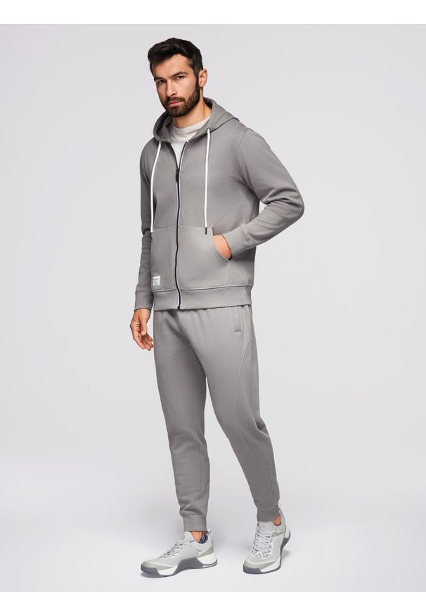 Ombre Clothing - Komplet dresowy męski set bluza rozpinana z kapturem + spodnie joggery - szary V8 - Rozmiar: S. Okazja: na co dzień, na spacer. Typ kołnierza: kaptur. Kolor: szary. Materiał: dresówka. Wzór: aplikacja. Styl: casual