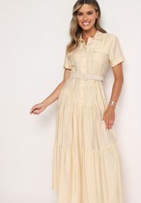 Born2be - Beżowa Sukienka Koszulowa o Rozkloszowanym Kroju z Paskiem w Talii Vimorise. Typ kołnierza: dekolt w kształcie V. Kolor: beżowy. Typ sukienki: koszulowe. Styl: elegancki #5