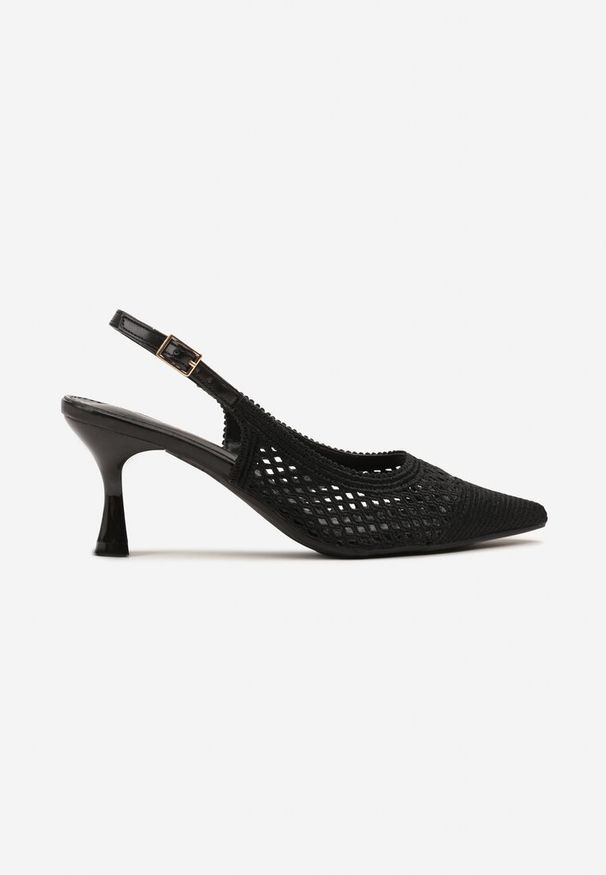 Renee - Czarne Sandały Slingback na Klepsydrze z Szydełkową Cholewką i Noskiem w Szpic Mairita. Okazja: na co dzień. Zapięcie: pasek. Kolor: czarny. Styl: casual, elegancki