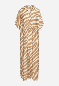 Born2be - Beżowa Rozkloszowana Sukienka Zapinana na Guziki z Rękawami Typu Nietoperz Rodmala. Okazja: na co dzień. Kolor: beżowy. Materiał: materiał. Wzór: motyw zwierzęcy, aplikacja, paski. Sezon: lato. Styl: casual #4