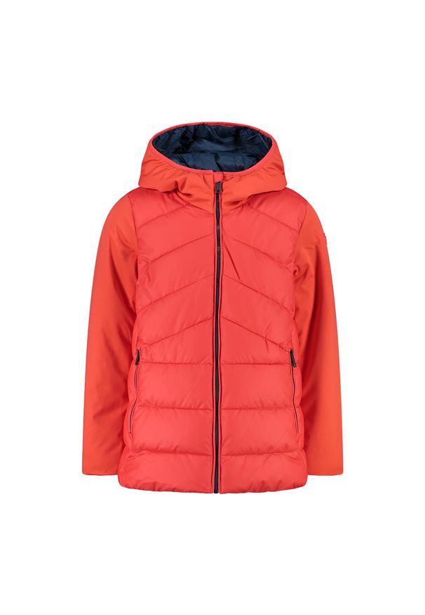 Dziewczęca długa kurtka z kapturem CMP. Typ kołnierza: kaptur. Kolor: czerwony, wielokolorowy, pomarańczowy. Materiał: puch. Długość: długie