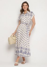 Born2be - Beżowo-Niebieska Koszulowa Sukienka z Wiskozy w Kwiatowy Wzór z Wiązanym Paskiem Iffinara. Okazja: na co dzień, na randkę, na spacer. Kolor: niebieski. Materiał: wiskoza. Długość rękawa: krótki rękaw. Wzór: kwiaty. Typ sukienki: koszulowe. Styl: casual, elegancki, klasyczny #1