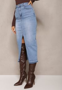 Renee - Niebieska Jeansowa Spódnica Midi High Waist z Rozcięciem Lushio. Stan: podwyższony. Kolor: niebieski. Materiał: jeans. Styl: klasyczny