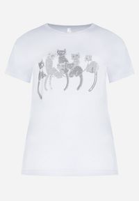 Born2be - Biały Bawełniany T-shirt z Krótkim Rękawem z Nadrukiem w Koty z Cekinami Canila. Kolekcja: plus size. Kolor: biały. Materiał: bawełna. Długość rękawa: krótki rękaw. Długość: krótkie. Wzór: nadruk #7