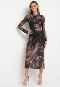Born2be - Czarno-Beżowa Dopasowana Sukienka Długa z Siateczki z Rozcięciem na Boku Nethys. Kolor: czarny. Materiał: wiskoza. Styl: elegancki. Długość: maxi #1