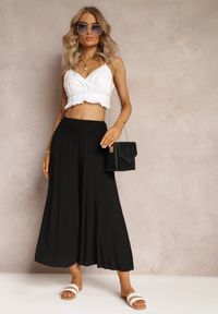 Renee - Czarne Szerokie Spodnie High Waist o Długości 7/8 Rathi. Stan: podwyższony. Kolor: czarny. Materiał: wiskoza, tkanina