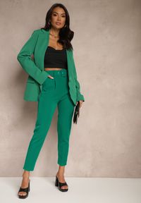 Renee - Ciemnozielona Marynarka o Jednorzędowym Kroju z Usztywnionymi Ramionami Vannora. Okazja: na spotkanie biznesowe, do pracy. Kolor: zielony. Materiał: jeans. Styl: biznesowy, elegancki