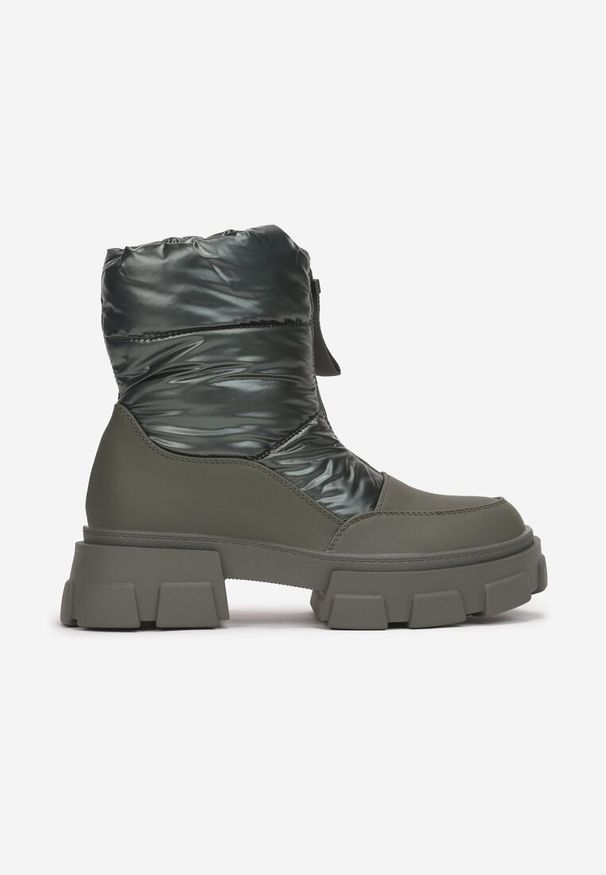 Born2be - Zielone Śniegowce na Grubej Podeszwie Bishi. Okazja: na co dzień. Nosek buta: okrągły. Zapięcie: zamek. Kolor: zielony. Materiał: jeans, materiał. Sezon: zima, jesień. Obcas: na obcasie. Styl: klasyczny, wizytowy, casual, elegancki. Wysokość obcasa: niski, średni