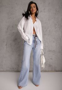 Renee - Niebieskie Szerokie Jeansy z Bawełny High Waist z Paskiem w Stylu Sznurówki Vetinia. Stan: podwyższony. Kolor: niebieski #1