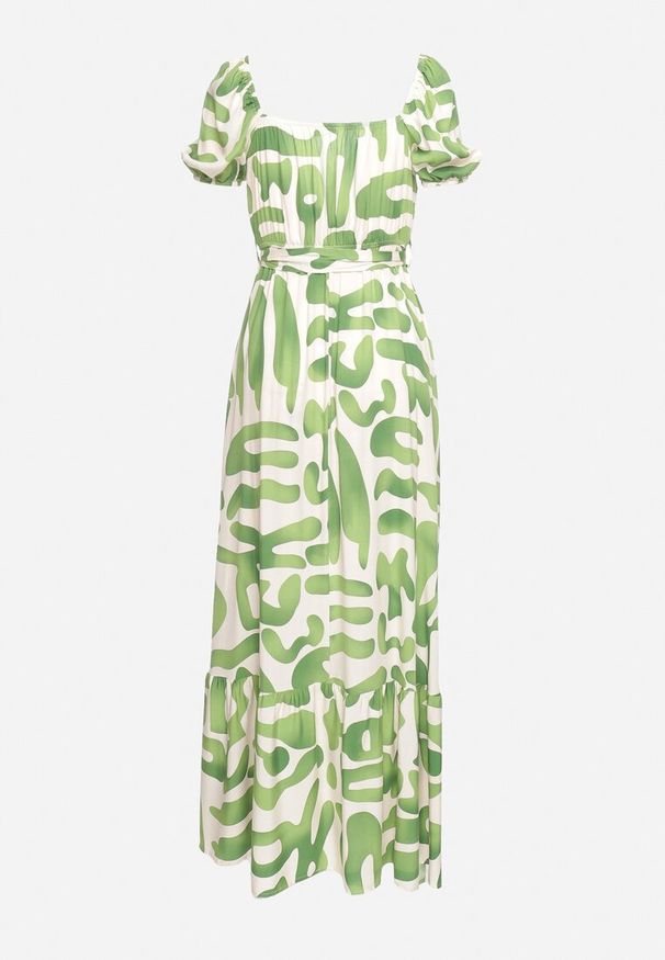 Born2be - Zielona Wiskozowa Sukienka z Kopertowym Dekoltem i Materiałowym Paskiem z Gumką w Talii Vikailla. Kolor: zielony. Materiał: wiskoza, materiał. Wzór: aplikacja. Typ sukienki: kopertowe. Styl: elegancki