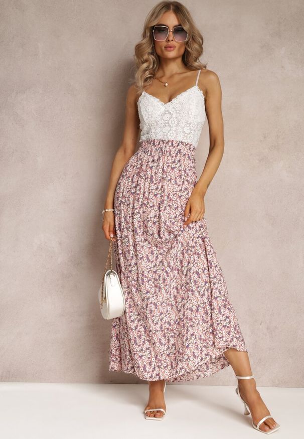 Renee - Różowa Rozkloszowana Spódnica Maxi w Kwiaty Dethuj. Kolor: różowy. Materiał: bawełna, tkanina. Wzór: kwiaty