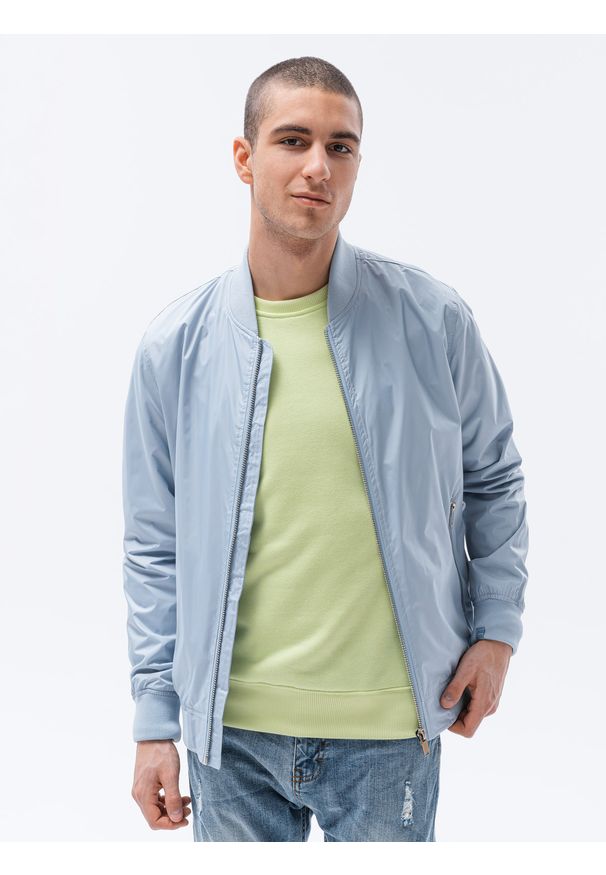 Ombre Clothing - Kurtka męska bomberka szwedka - błękitna V5 - Rozmiar: XXL. Kolor: niebieski. Materiał: poliester