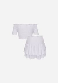 Renee - Biały Komplet Top Hiszpanka i Spódnico-Spodenki z Falbanami oraz Gumką Rinaria. Kolor: biały. Materiał: jeans #4