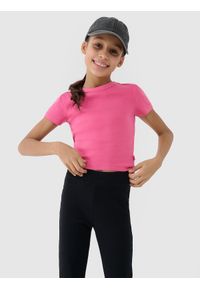 4f - 4F T-shirt slim crop top gładki dziewczęcy - różowy 164 (13-14 lat). Okazja: na co dzień. Kolor: różowy. Materiał: dzianina, materiał, bawełna, elastan. Długość rękawa: krótki rękaw. Długość: krótkie. Wzór: gładki. Sezon: lato. Styl: sportowy, casual