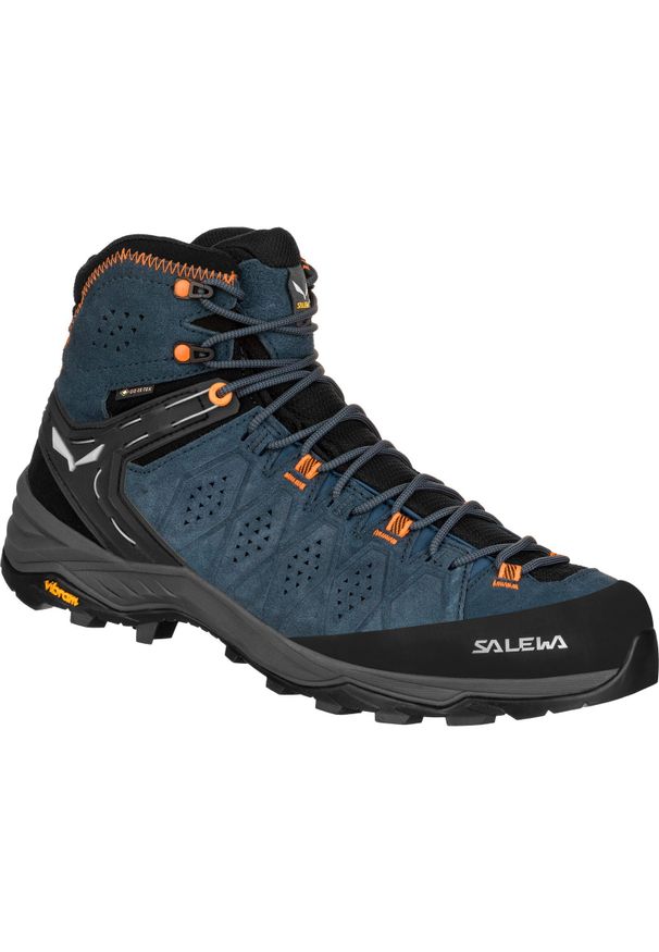 Buty Trekkingowe Męskie Salewa Alp Trainer 2 Mid Gtx. Wysokość cholewki: za kostkę. Zapięcie: sznurówki. Kolor: niebieski, wielokolorowy. Materiał: materiał, skóra, zamsz. Szerokość cholewki: normalna