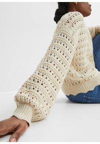 bonprix - Kardigan w ażurowy wzór z czystej bawełny. Kolor: beżowy. Materiał: bawełna. Wzór: ażurowy #2
