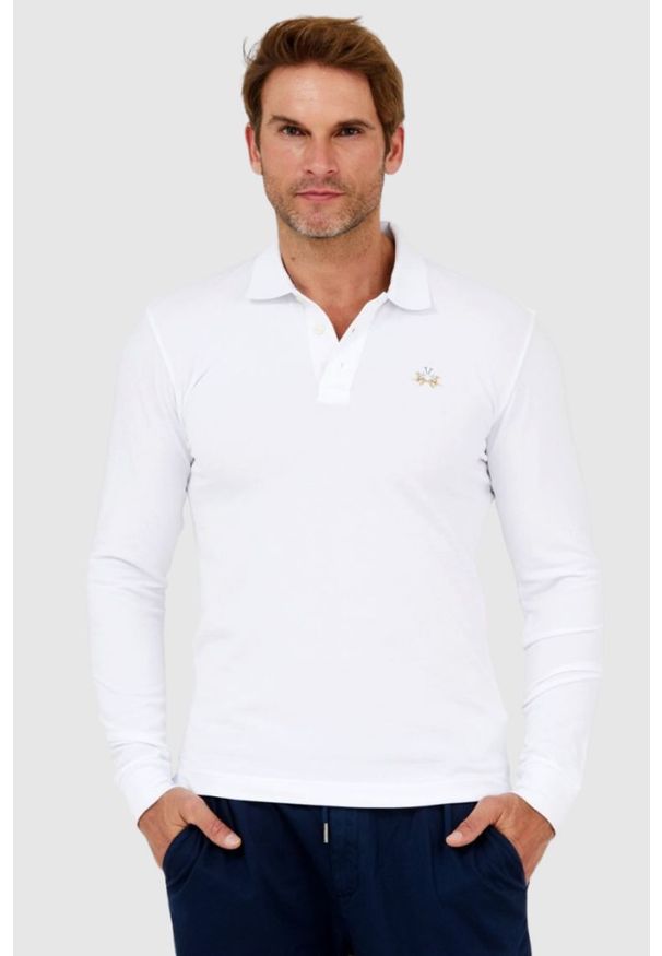 La Martina - LA MARTINA Białe męskie polo z długim rękawem, Rozmiar XXL. Typ kołnierza: polo. Kolor: biały. Długość rękawa: długi rękaw. Długość: długie
