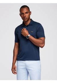 Ombre Clothing - Stylowa męska koszulka polo z elastycznej tkaniny – granatowa V3 - Rozmiar: L. Typ kołnierza: polo. Kolor: niebieski. Materiał: tkanina. Wzór: gładki. Styl: elegancki