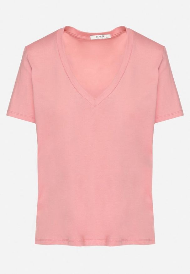 Born2be - Różowy Bawełniany T-shirt z Dekoltem w V Ninoriana. Kolor: różowy. Materiał: bawełna