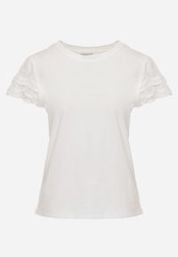 Born2be - Biały Bawełniany T-shirt z Koronkowymi Rękawami Carilynore. Okazja: na co dzień. Kolor: biały. Materiał: bawełna, koronka. Styl: elegancki, klasyczny, casual #4