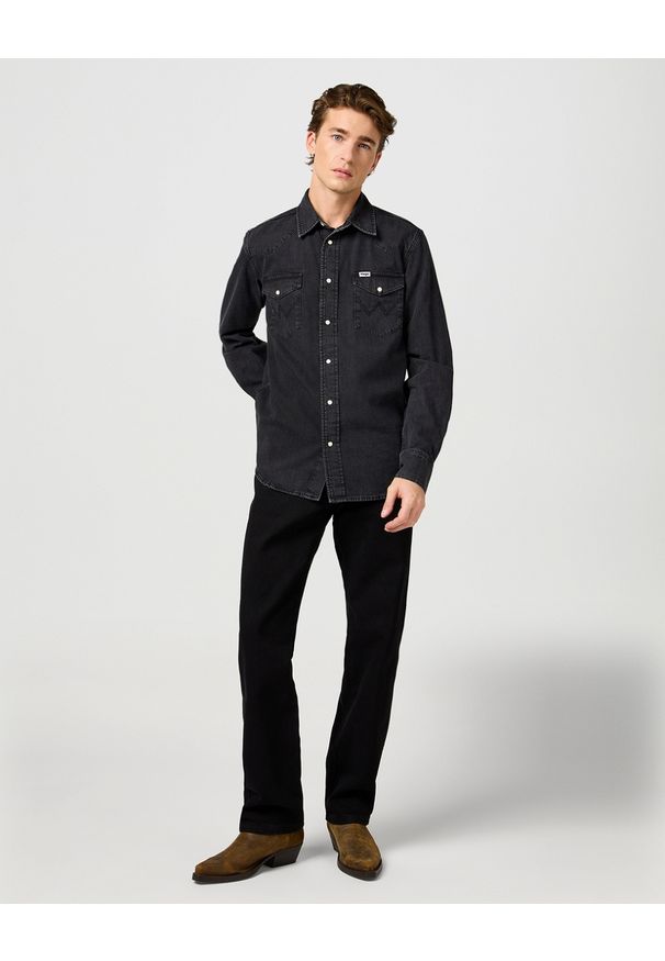 Wrangler - MESKA KOSZULA JEANSOWA WRANGLER WESTERN SHIRT RINSE BLACK 112362906. Materiał: jeans
