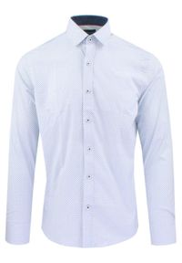 Męska Koszula, Taliowana (Slim Fit) - Rigon - Biel, Wzór. Okazja: do pracy, na spotkanie biznesowe. Materiał: bawełna, poliester, elastan. Długość rękawa: długi rękaw. Długość: długie. Styl: wizytowy, elegancki, biznesowy #1