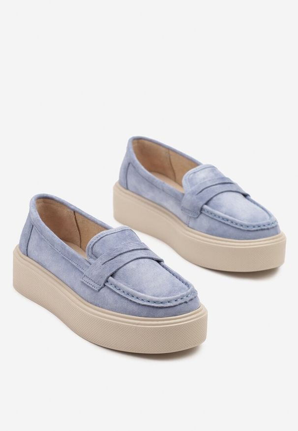 Renee - Niebieskie Mokasyny na Grubej Podeszwie z Wkładką ze Skóry Naturalnej Polvia. Okazja: na co dzień. Zapięcie: bez zapięcia. Kolor: niebieski. Materiał: skóra. Styl: casual, elegancki