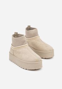 Born2be - Beżowe Śniegowce VICES na Grubej Podeszwie z Haftem i Skarpetkową Cholewką Enantia. Okazja: na co dzień. Kolor: beżowy. Materiał: jeans. Szerokość cholewki: normalna. Wzór: haft. Styl: casual, elegancki #3