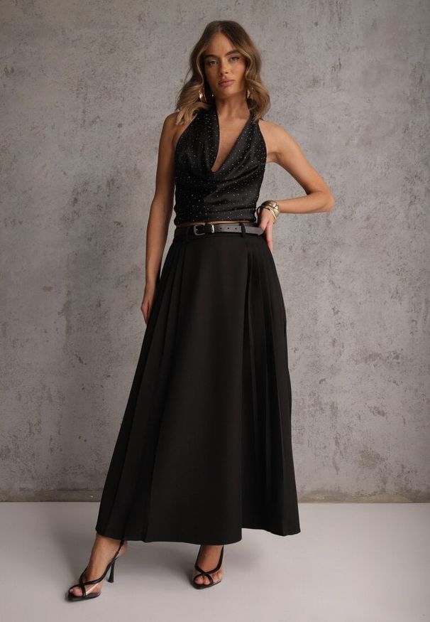 Renee - Czarna Rozkloszowana Spódnica z Wiskozy z Dodatkowym Paskiem z Klamrą Lowedina. Kolor: czarny. Materiał: wiskoza. Długość: krótkie