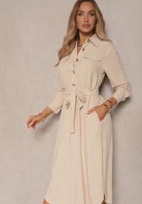 Renee - Beżowa Sukienka z Bawełny o Koszulowym Kroju Wiązana w Talii Zinrose. Kolor: beżowy. Materiał: bawełna. Typ sukienki: koszulowe