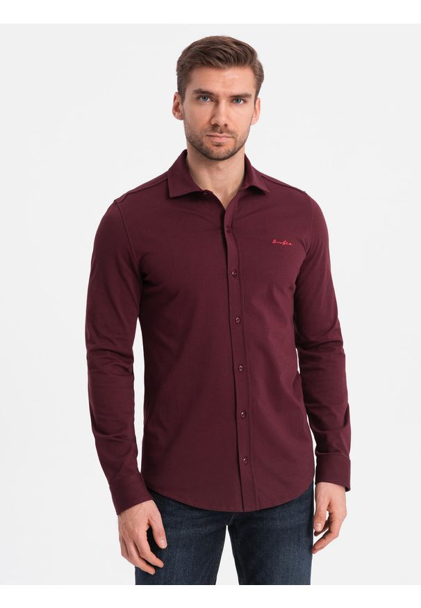 Ombre Clothing - Bawełniana męska koszula REGULAR z dzianiny single jersey - bordowa V3 OM-SHCS-0138 - XXL. Kolor: czerwony. Materiał: dzianina, jersey, bawełna. Wzór: kolorowy, haft