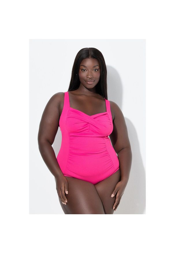 ULLA POPKEN - Damski Strój kąpielowy drapowanie drobna faktura miękkie miseczki. Kolekcja: plus size. Kolor: różowy. Materiał: poliester, elastan, poliamid, materiał