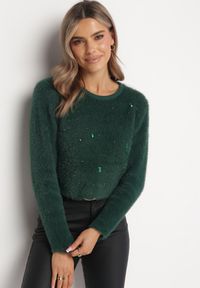 Born2be - Zielony Sweter z Dłuższym Włosiem i Kryształkami Hennilla. Kolekcja: plus size. Kolor: zielony. Materiał: dzianina. Długość rękawa: długi rękaw. Długość: długie #3