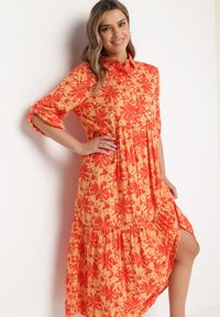 Born2be - Pomarańczowa Sukienka Maxi w Kwiatowy Wzór z Koszulową Górą Lithaia. Kolor: pomarańczowy. Długość rękawa: długi rękaw. Wzór: kwiaty. Sezon: wiosna, lato. Typ sukienki: koszulowe. Długość: maxi #4