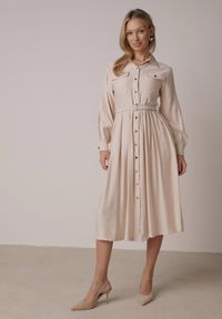 Born2be - Beżowa Wiskozowa Sukienka Koszulowa z Paskiem Andranassa. Okazja: na co dzień. Kolor: beżowy. Materiał: wiskoza. Wzór: aplikacja. Typ sukienki: koszulowe. Styl: casual, elegancki #1