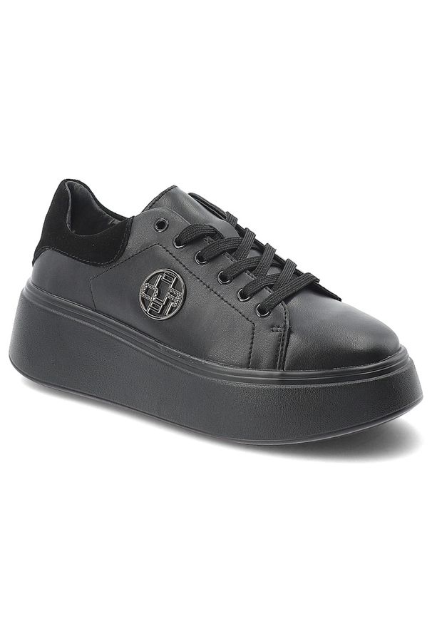 Sneakersy damskie Filippo, wykonane ze skóry naturalnej modny fason na wysokiej platformie klasyczne sznurowanie, czarne, DP6058/26 BK. Okazja: na co dzień. Zapięcie: sznurówki. Kolor: czarny. Materiał: skóra. Obcas: na platformie