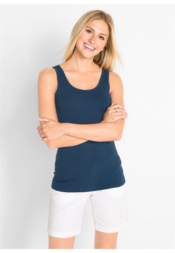 bonprix - Tank top ze stretchem (2 szt. w opak.). Okazja: na co dzień. Kolor: niebieski. Materiał: bawełna, materiał. Długość rękawa: na ramiączkach. Styl: casual